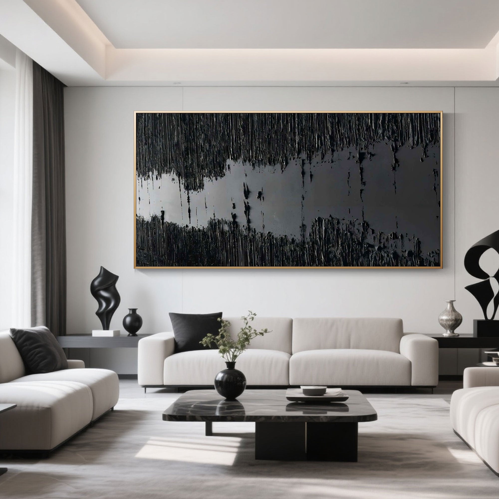Minimalist black 'Silence' art with heavy texture detail.
