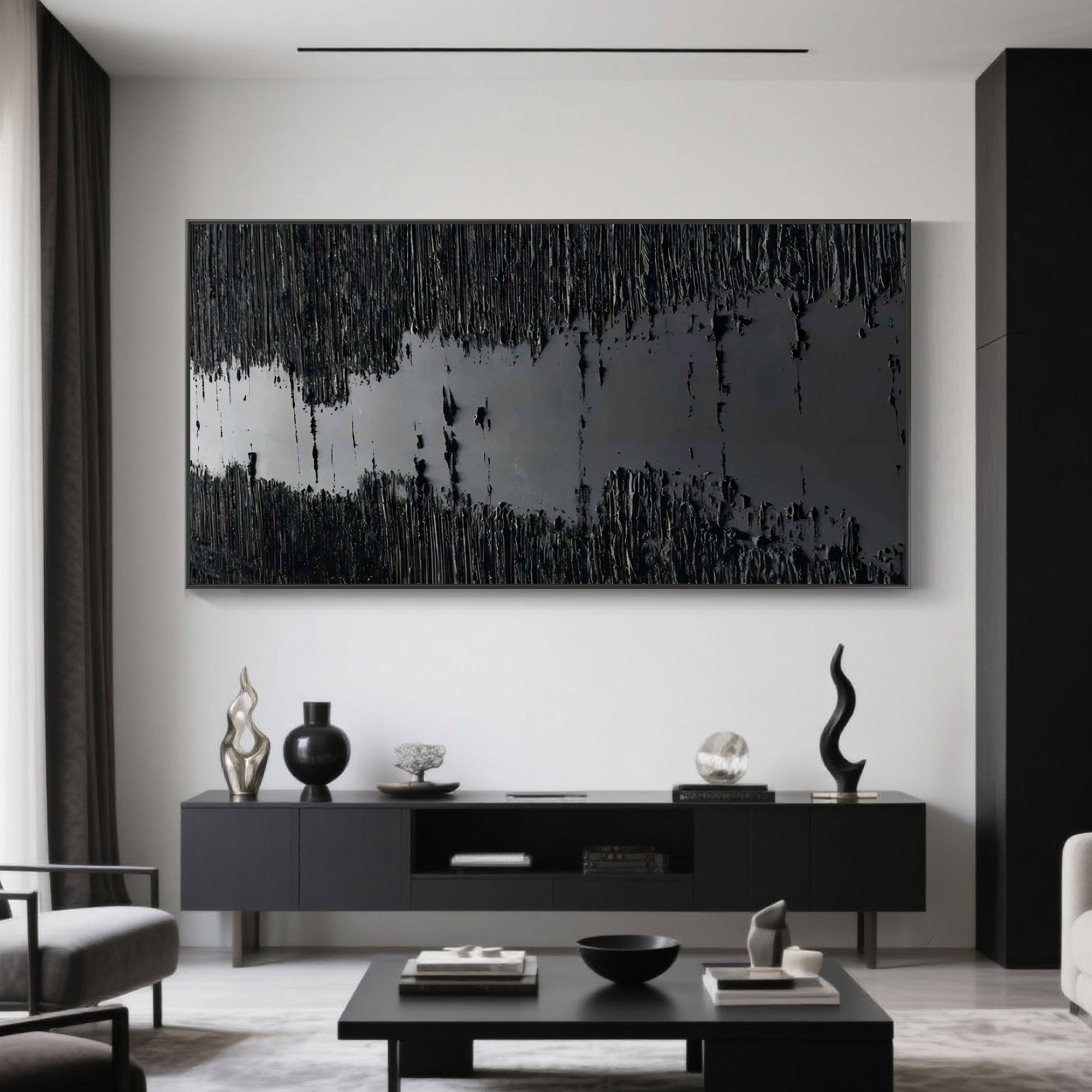 Angled view of minimalist black 'Silence' textured painting.