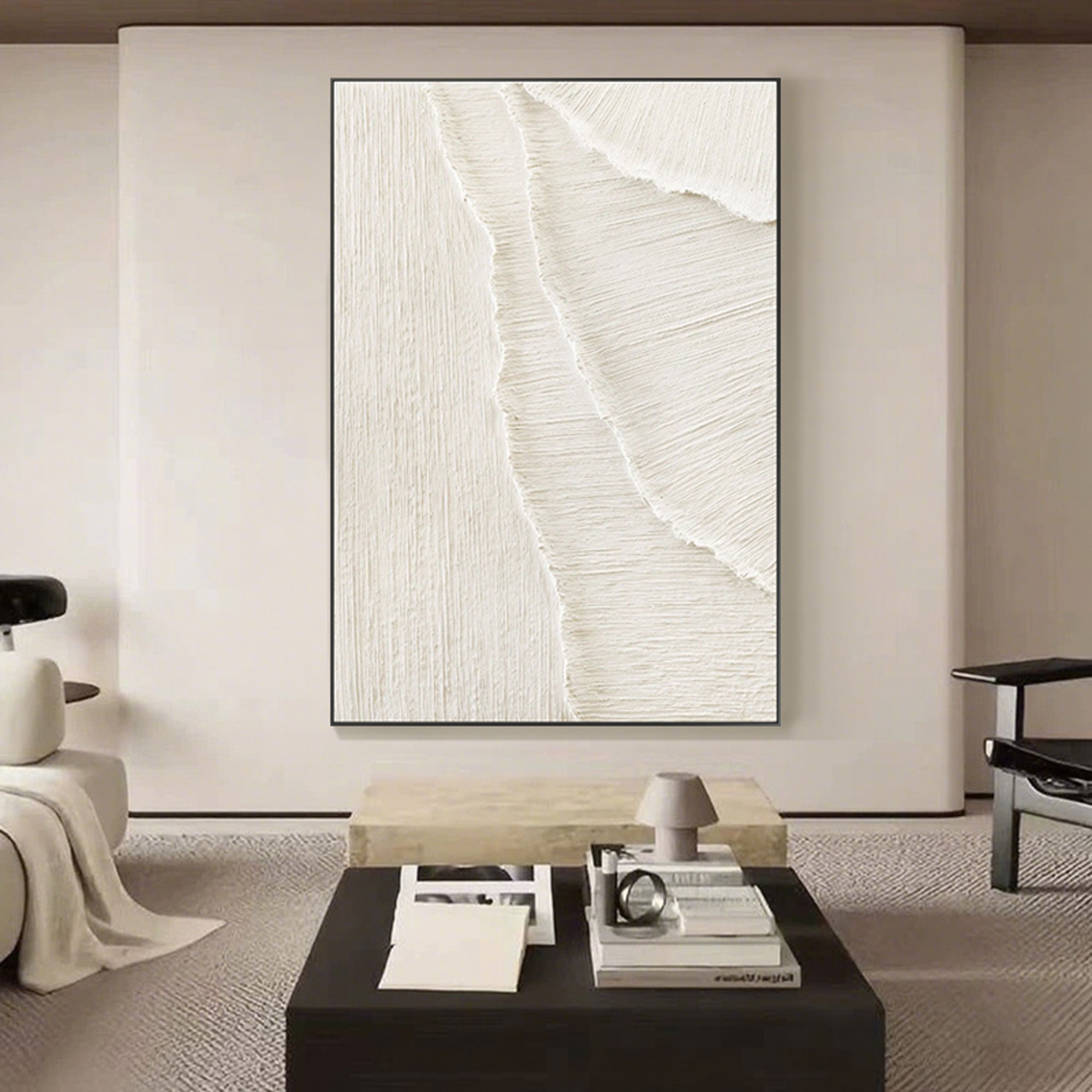 Vertical framed Whitecaps art with ocean wave rhythm in white and beige tones.