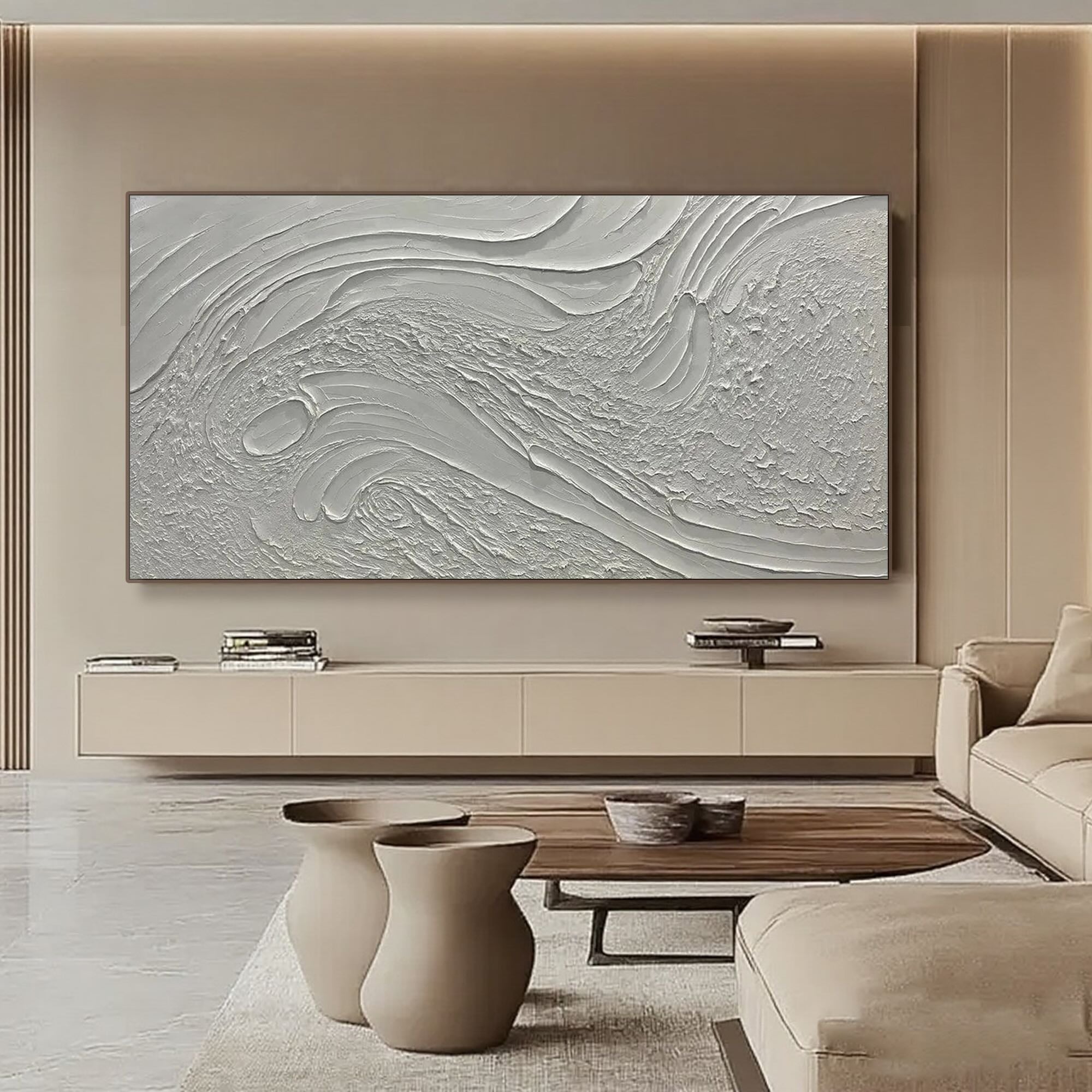 Horizontal canvas art with a 3D textured design in a modern living room setting.