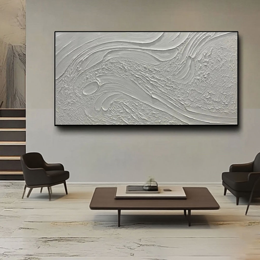 Horizontal canvas art with a 3D textured design in a modern living room setting.