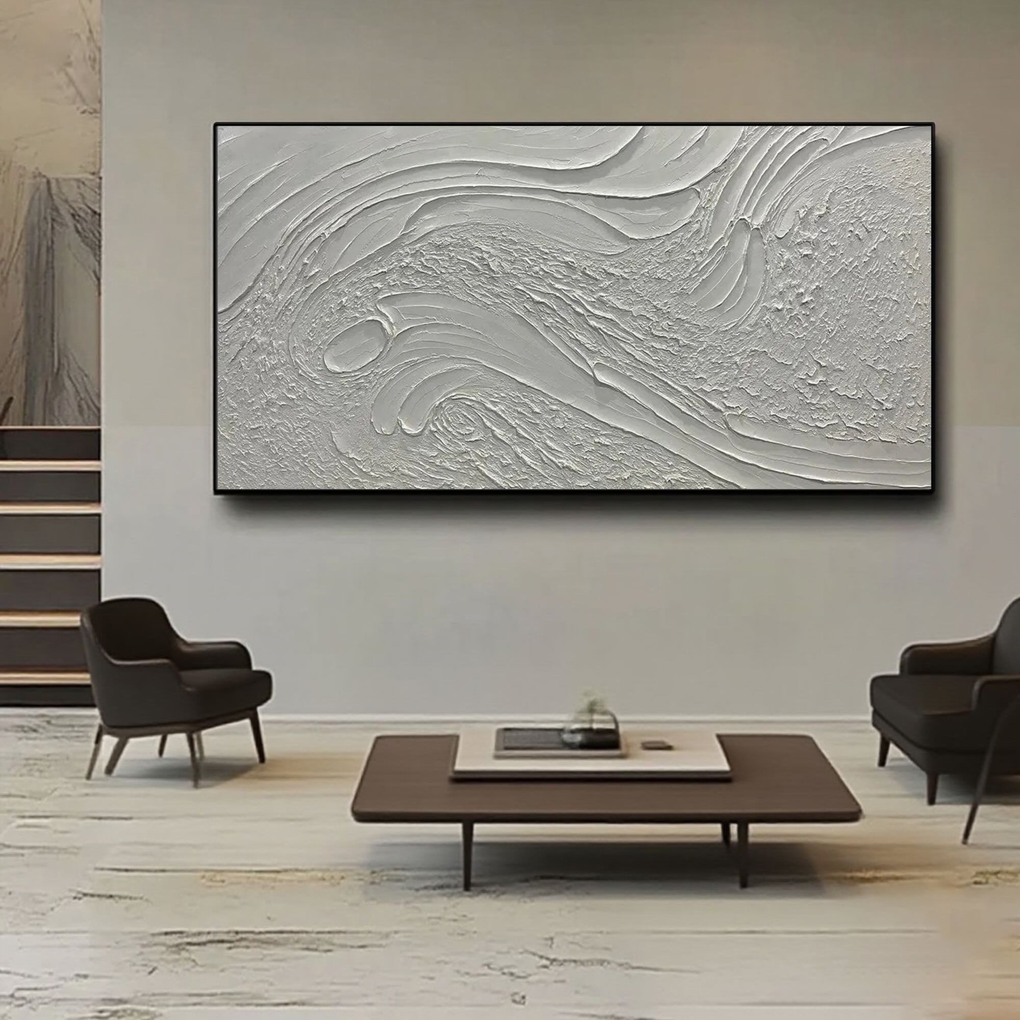 Horizontal canvas art with a 3D textured design in a modern living room setting.