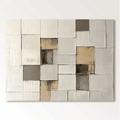 Textured minimalist abstract geometric wall art with beige, gray, white squares at Lumi Gallery