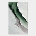 Minimalist abstract landscape painting 'Silent Ridge' with textured green, white, and gray layers on canvas