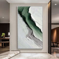 Minimalist abstract landscape painting 'Silent Ridge' with textured green, white, and gray brushstrokes on canvas