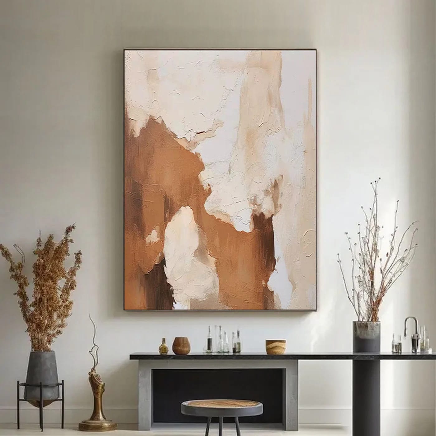 Hand-painted minimalist abstract canvas art 'Layered Silence V' by Lumi Gallery with earthy browns, textured layers – modern living room decor
