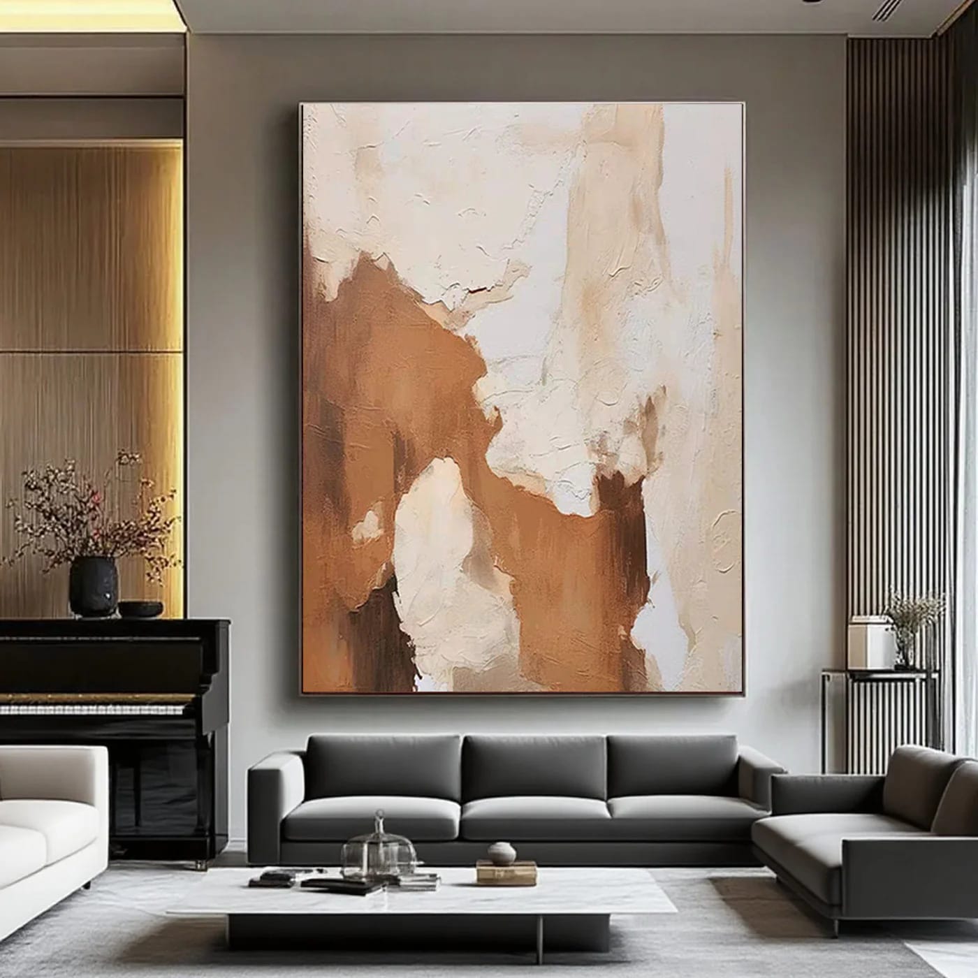 Authentic hand-painted minimalist abstract 'Layered Silence V' with earthy browns, beiges, whites, textured brushstrokes, in modern living room with gray sofas and piano.