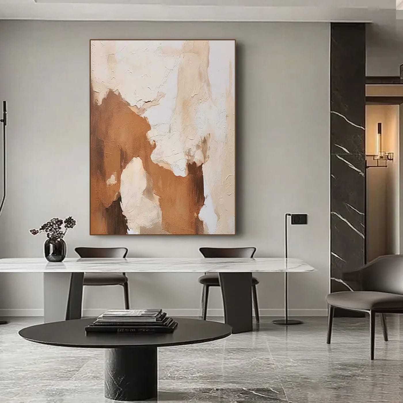 Lumi Gallery's hand-painted minimalist abstract canvas art 'Layered Silence V' with textured layers in warm browns/beige, displayed in modern dining room