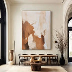Large vertical minimalist abstract modern 3D textured canvas painting with brown, beige, and white earth tones, creamy torn i