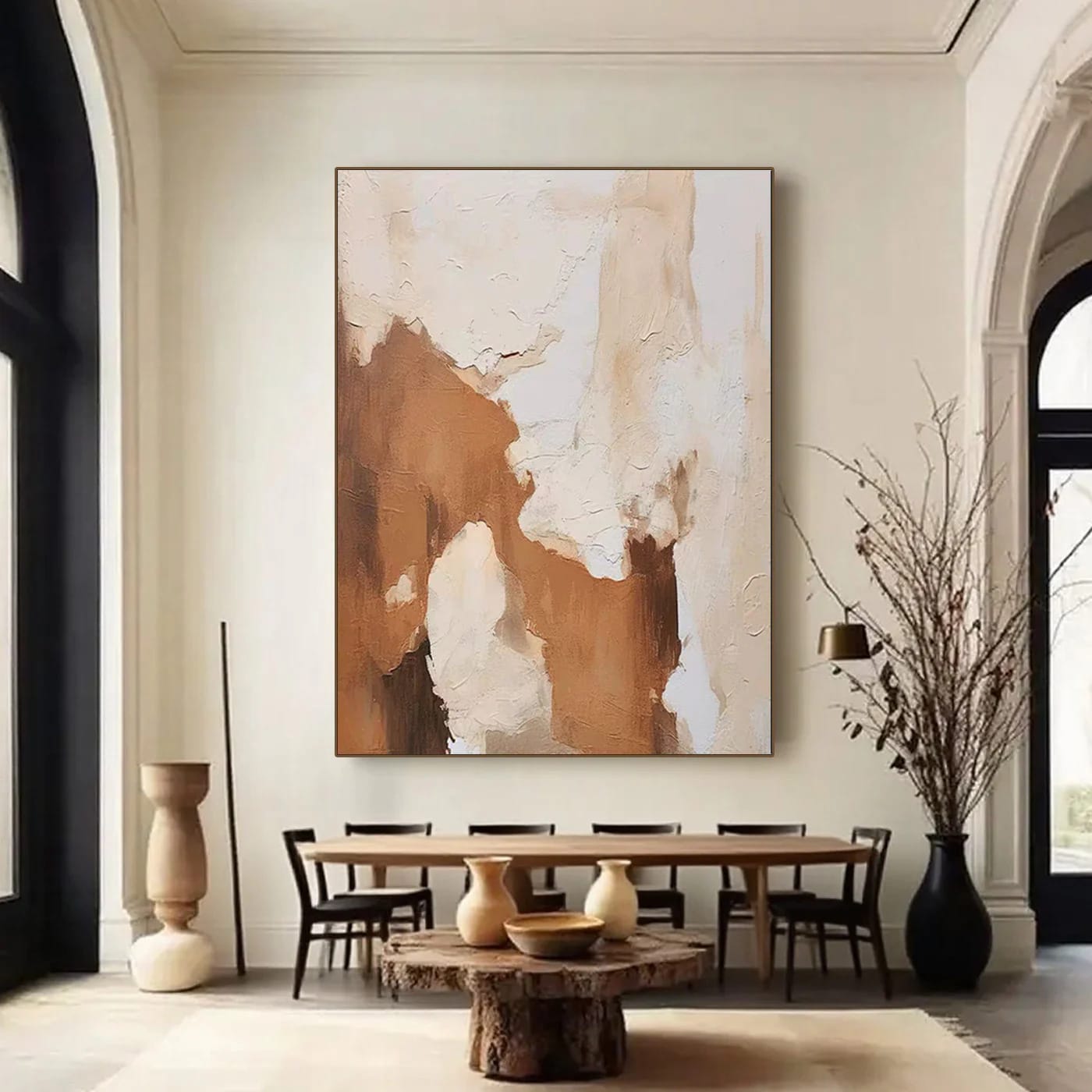 Large vertical minimalist abstract modern 3D textured canvas painting with brown, beige, and white earth tones, creamy torn i
