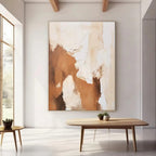Minimalist abstract canvas painting 'Layered Silence V' with brown/beige/white textured layers in modern living room