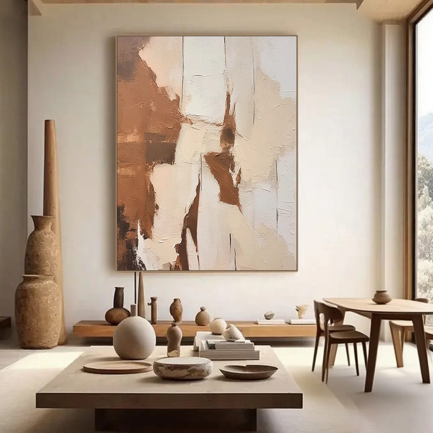 Minimalist abstract wall art with textured brushstrokes in earthy browns, beiges, and whites, displayed in a modern living room with neutral decor.