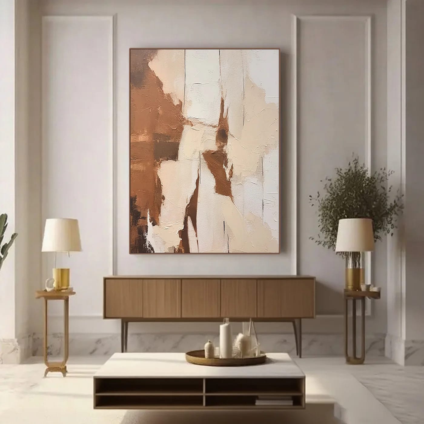 Lumi Gallery's minimalist abstract wall art 'Layered Silence III' with earth-toned textures, modern living room