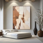 Hand-painted minimalist abstract wall art 'Layered Silence III' with warm brown/beige tones mounted above modern bed