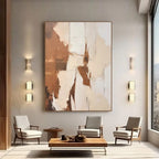 Large vertical abstract minimalist modern 3D textured canvas painting with brown, beige, and white earth tones, creamy fractured impasto brushwork, framed in metal, perfect for contemporary living room or bedroom wall decor