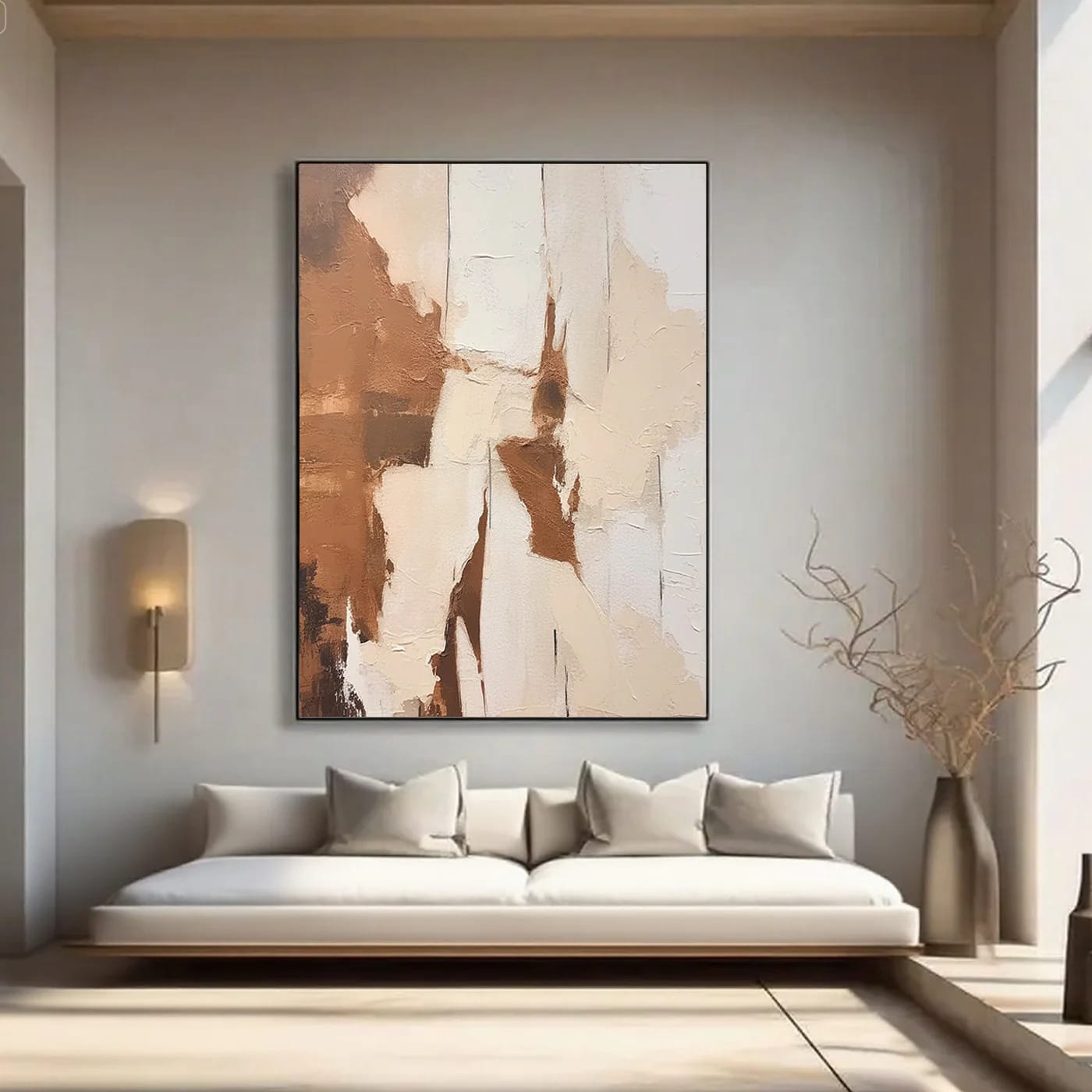 Hand-painted minimalist abstract canvas art 'Layered Silence III' with brown/beige tones, mounted above white sofa in modern living room.