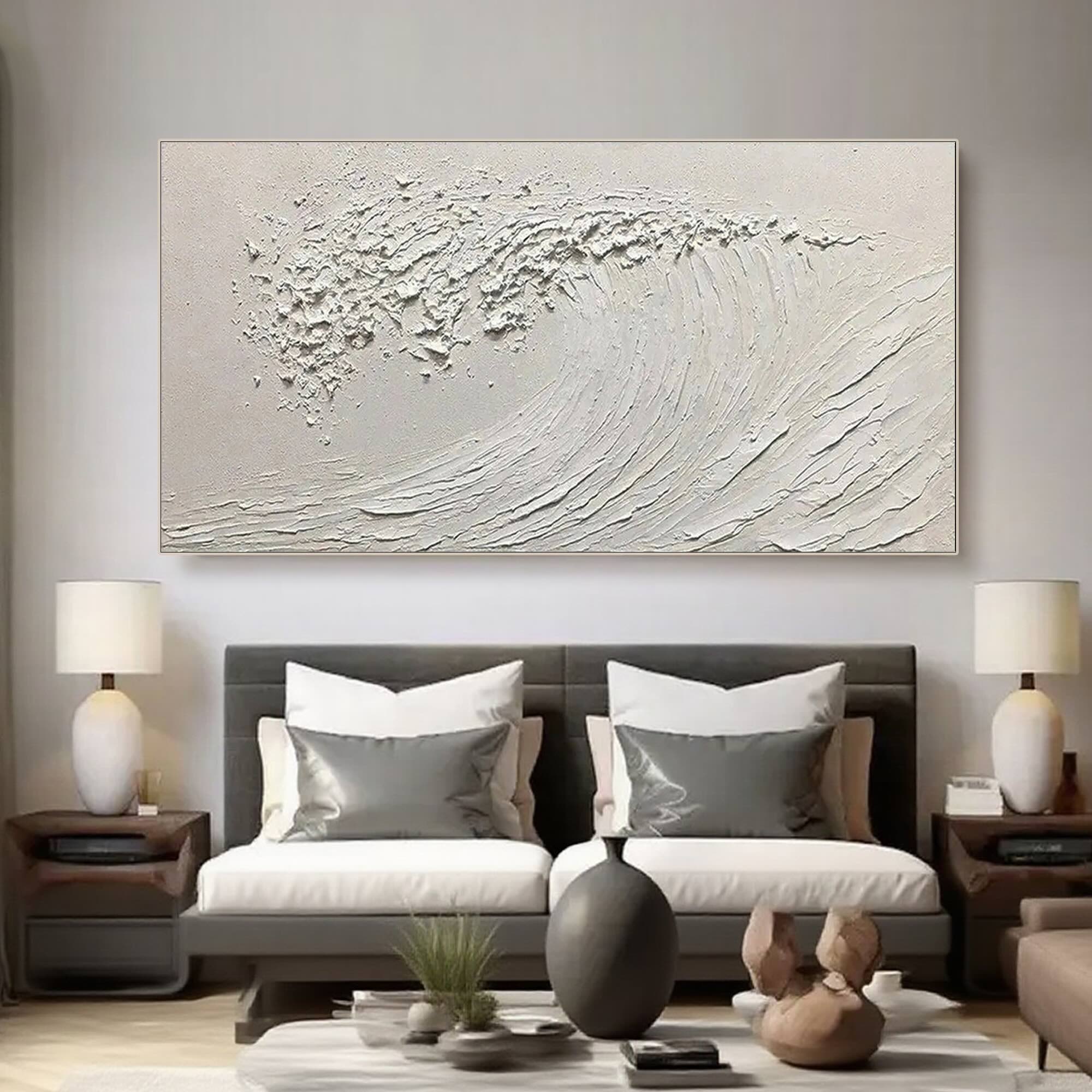 Silent Curl minimalist ocean painting - close up of white wave.