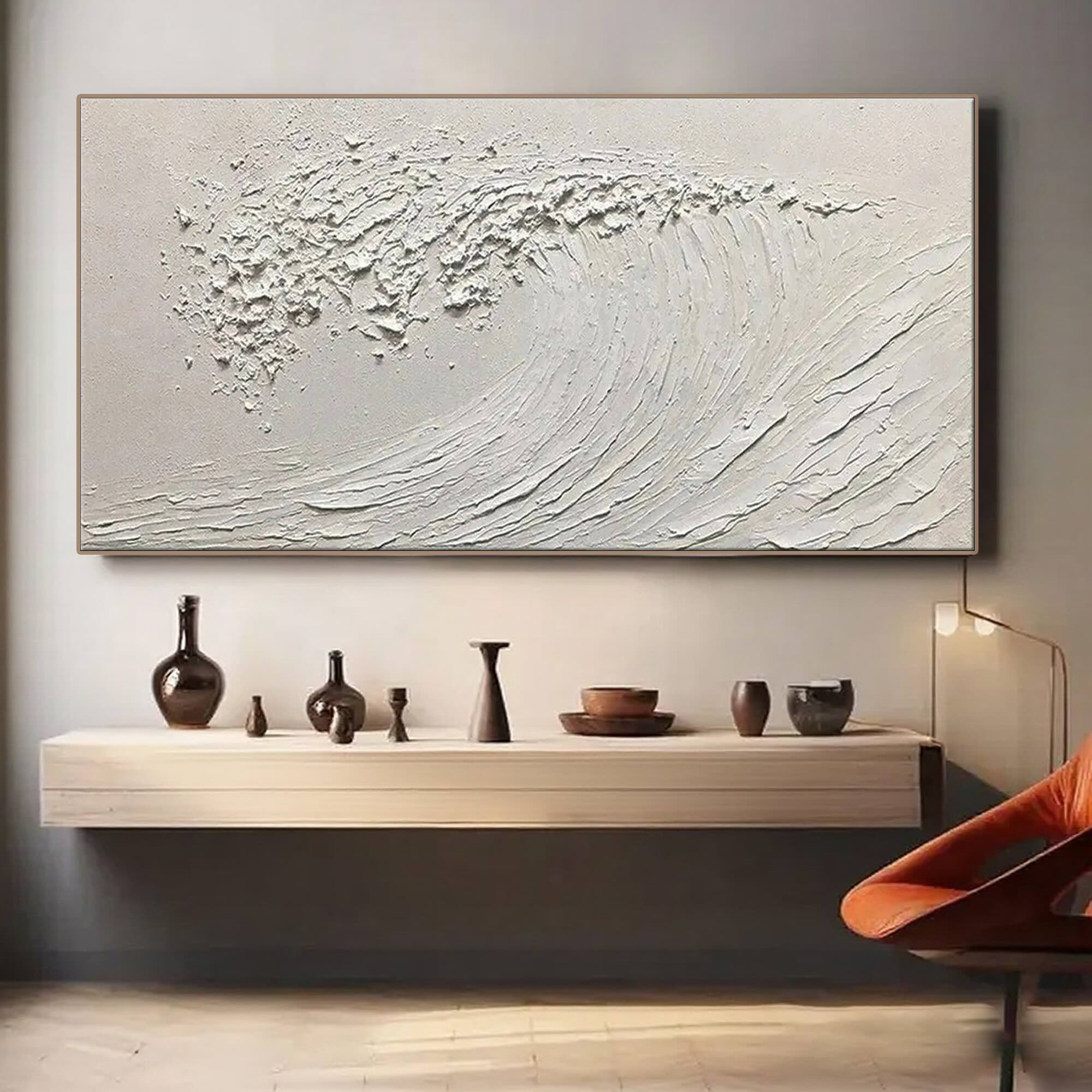 Silent Curl minimalist ocean painting - close up of white wave.
