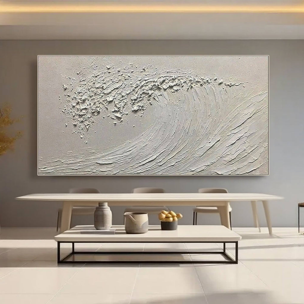 Silent Curl minimalist ocean art above table in modern dining room.