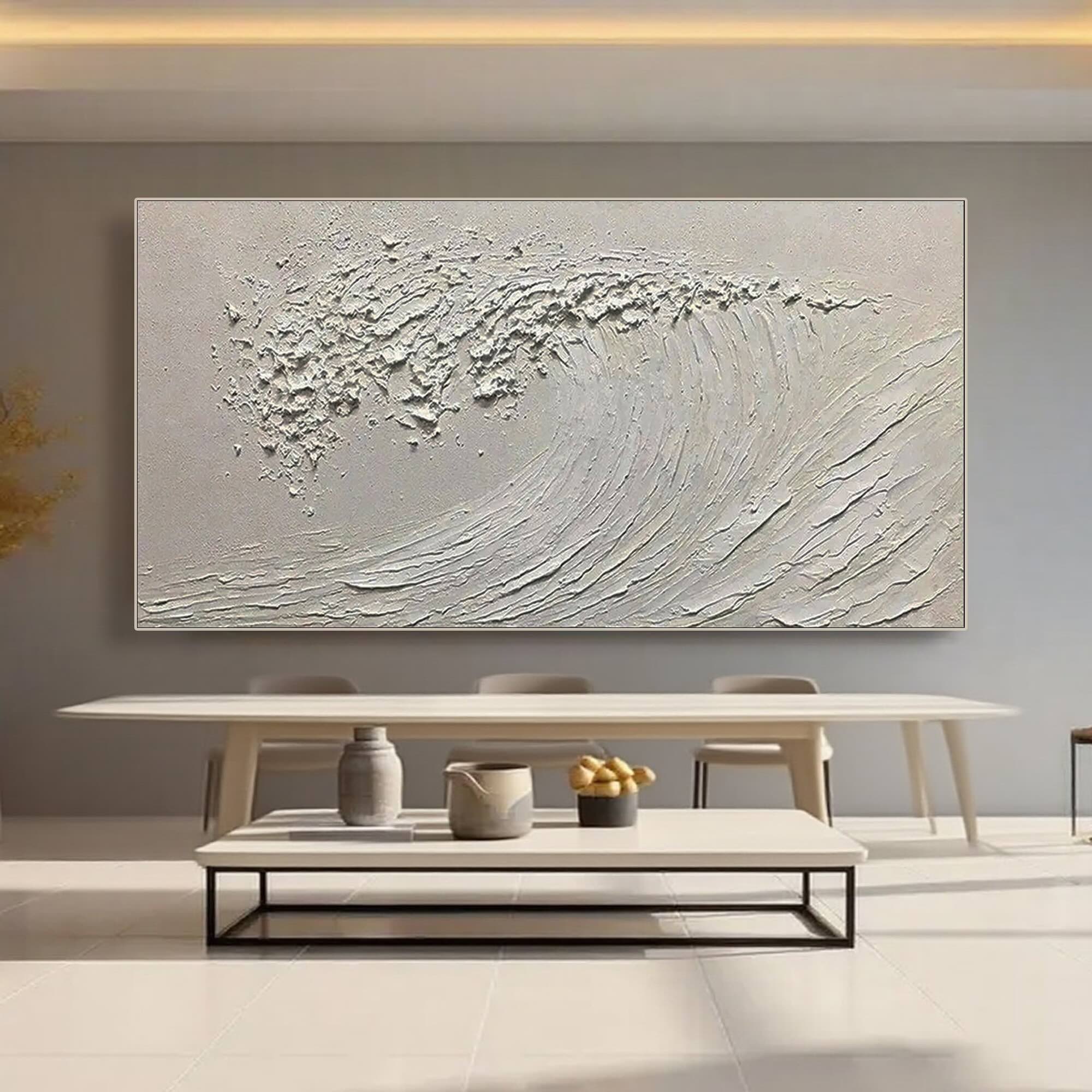 Silent Curl minimalist ocean art above table in modern dining room.
