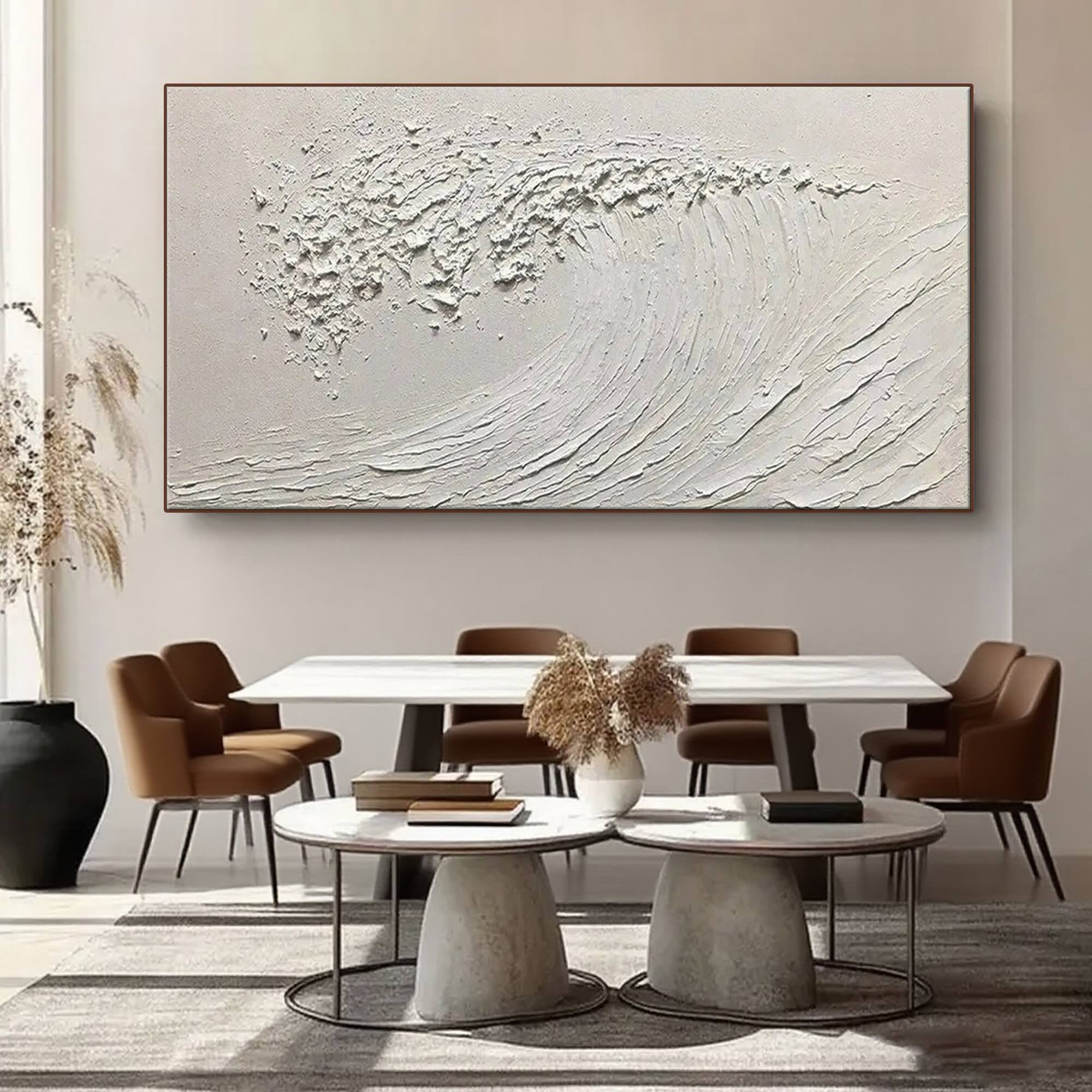 Silent Curl minimalist ocean art above dining table in modern home.