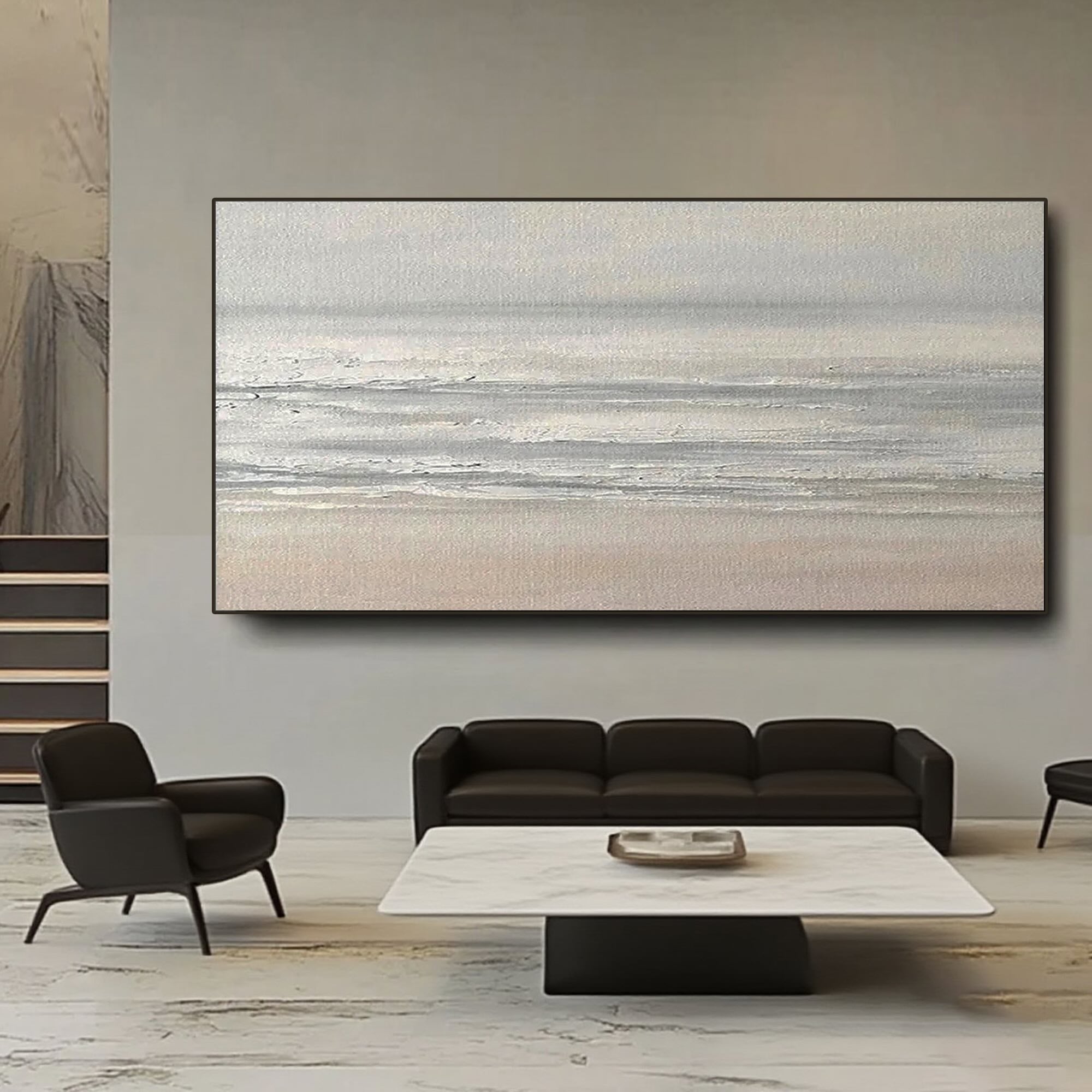 Close up of Minimalist abstract seascape wall art with soft brush strokes
