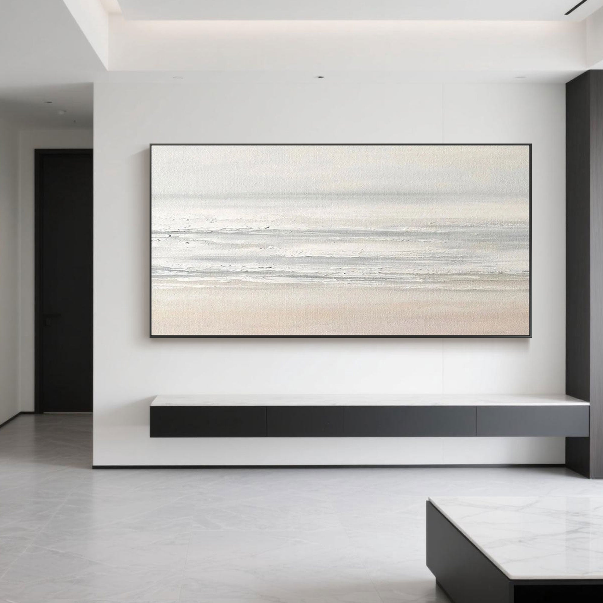 Horizontal calming beach painting with neutral tones in a minimalist space