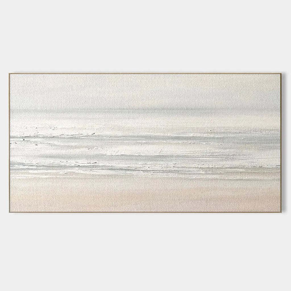 Framed minimalist seascape art with soft white, beige and grey tones.