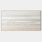 Framed minimalist seascape art with soft white, beige and grey tones.