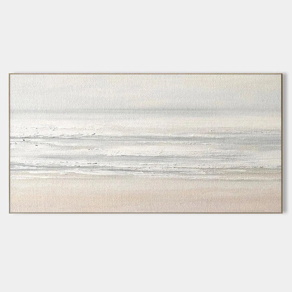 Framed minimalist seascape art with soft white, beige and grey tones.