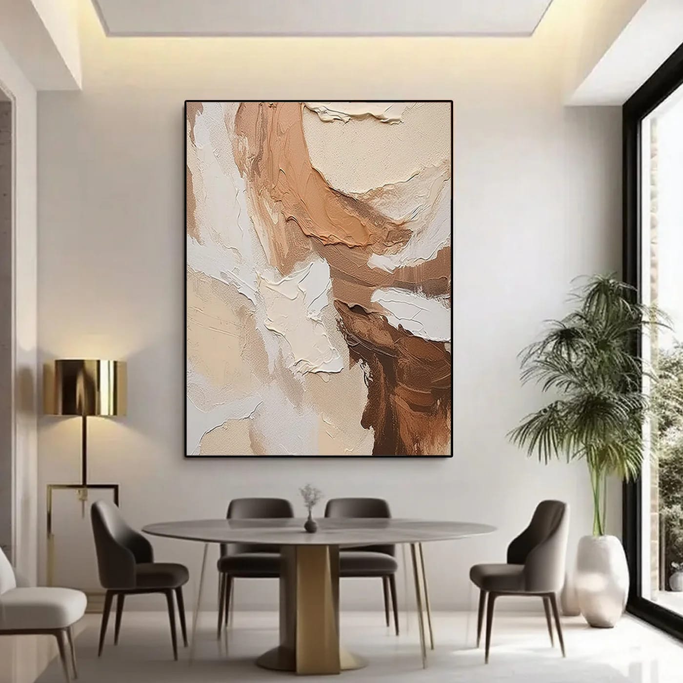 Minimalist abstract amber canvas art with textured details in modern dining room at Lumi Gallery