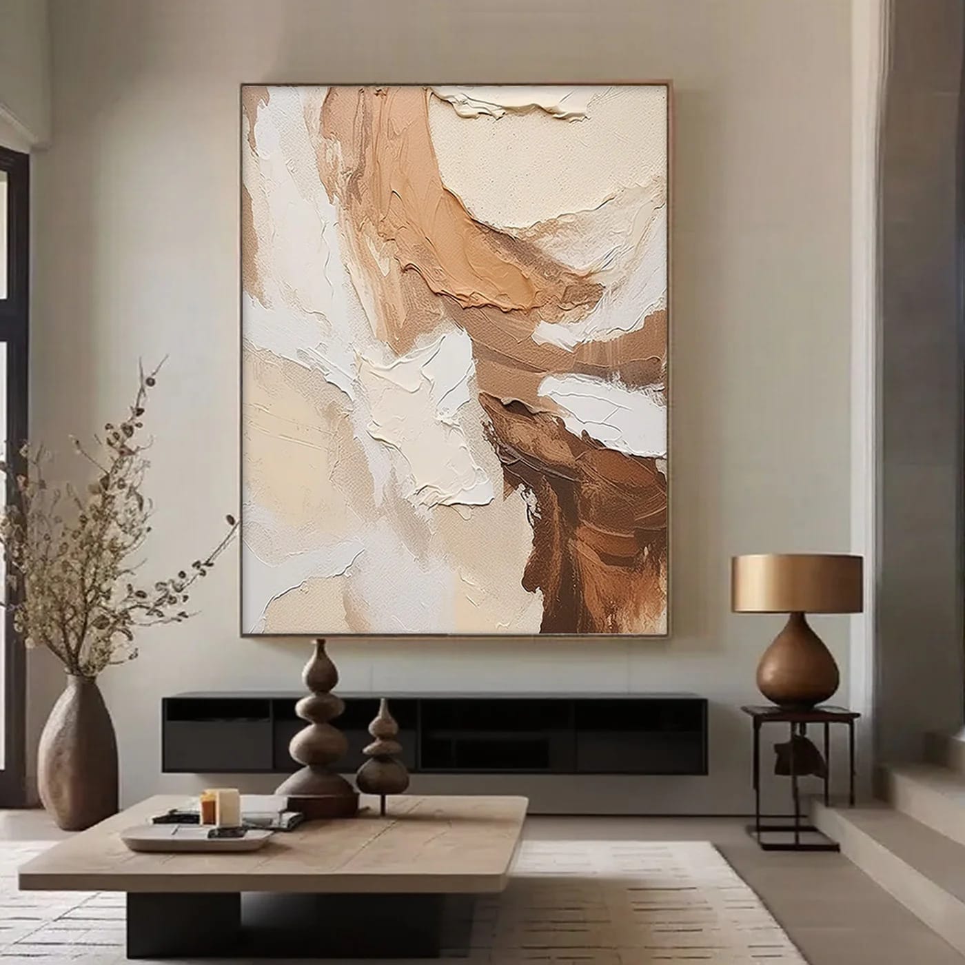 Large vertical minimalist abstract 3D textured canvas painting with brown, beige, and white earth tones, creamy impasto brush