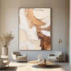 Hand-painted amber abstract wall art with textured canvas in modern living room at Lumi Gallery