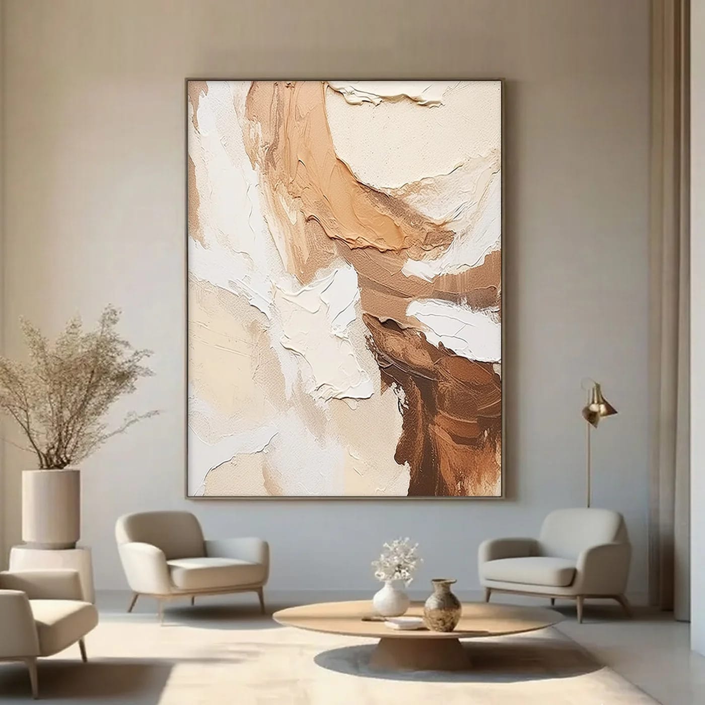 Hand-painted amber abstract wall art with textured canvas in modern living room at Lumi Gallery