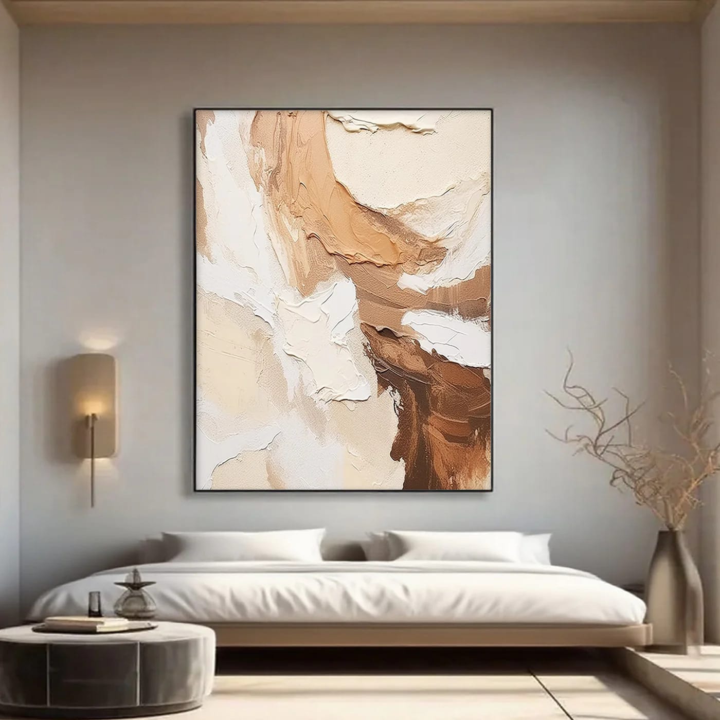 Lumi Gallery's Amber Currents minimalist abstract textured canvas wall art in bedroom