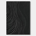Minimalist black abstract wall art with textured, flowing wavy lines resembling tidal patterns, hand-painted on canvas with museum-quality craftsmanship.