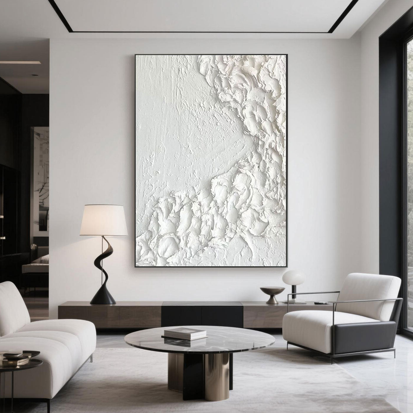 Minimalist 3D Textured Abstract White Wave Canvas Art Large