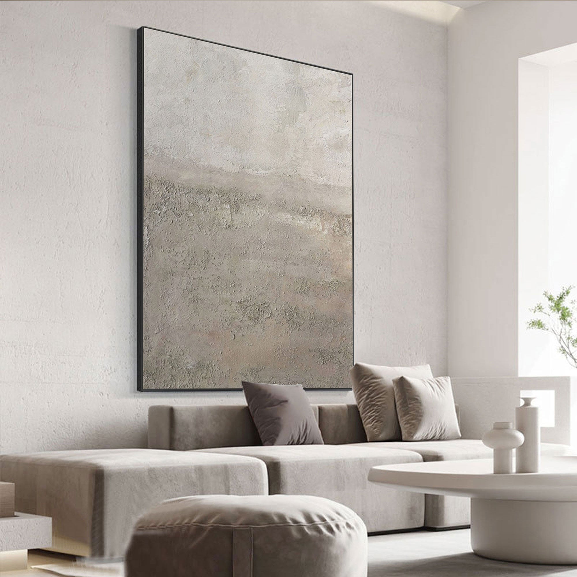 Beige Wabi-Sabi 'Farscape' art in a modern living room setting.