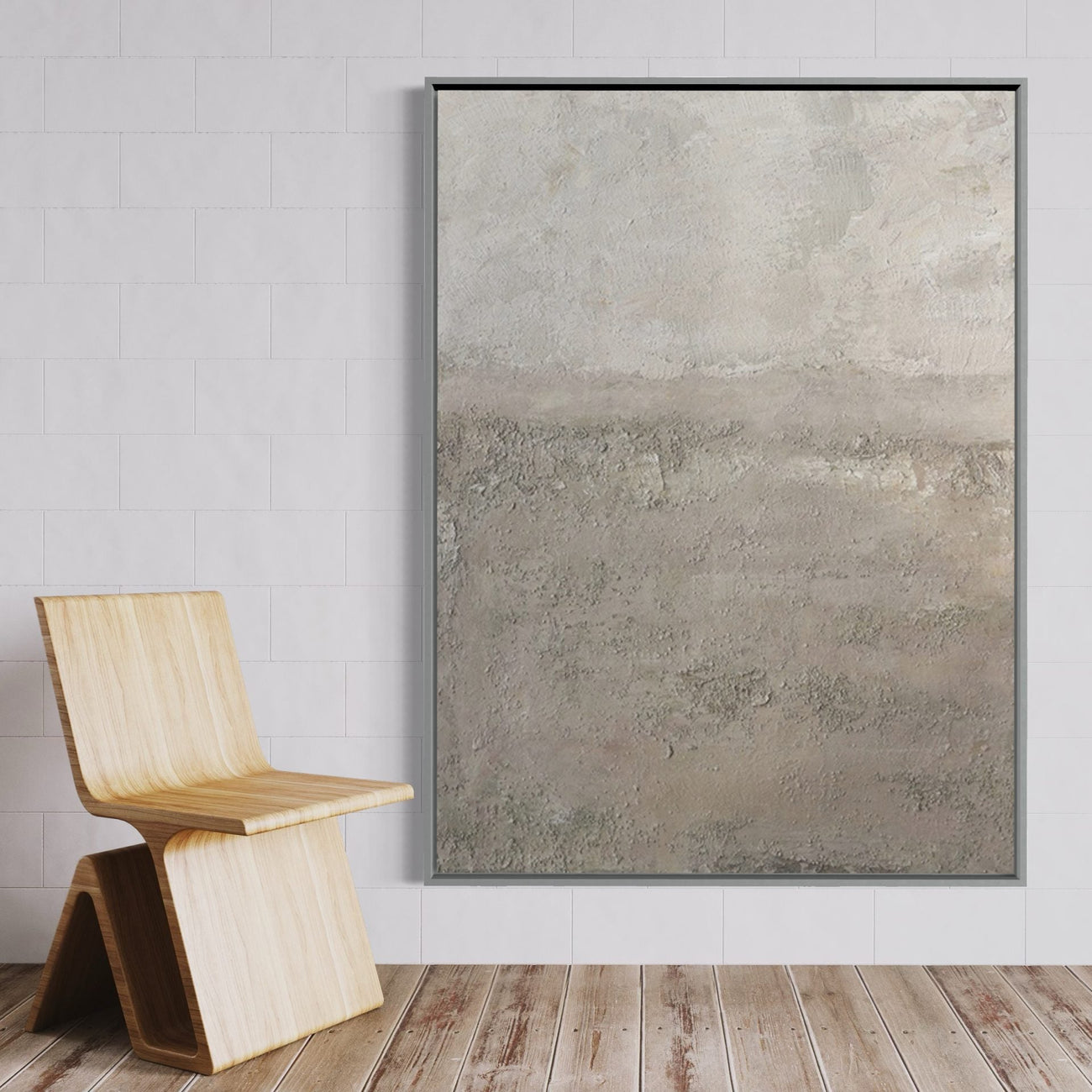 Vertical 'Farscape' beige art displayed with a modern chair.