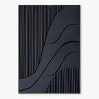 Minimalist black 3D textured canvas art featuring geometric lines and flowing curves.