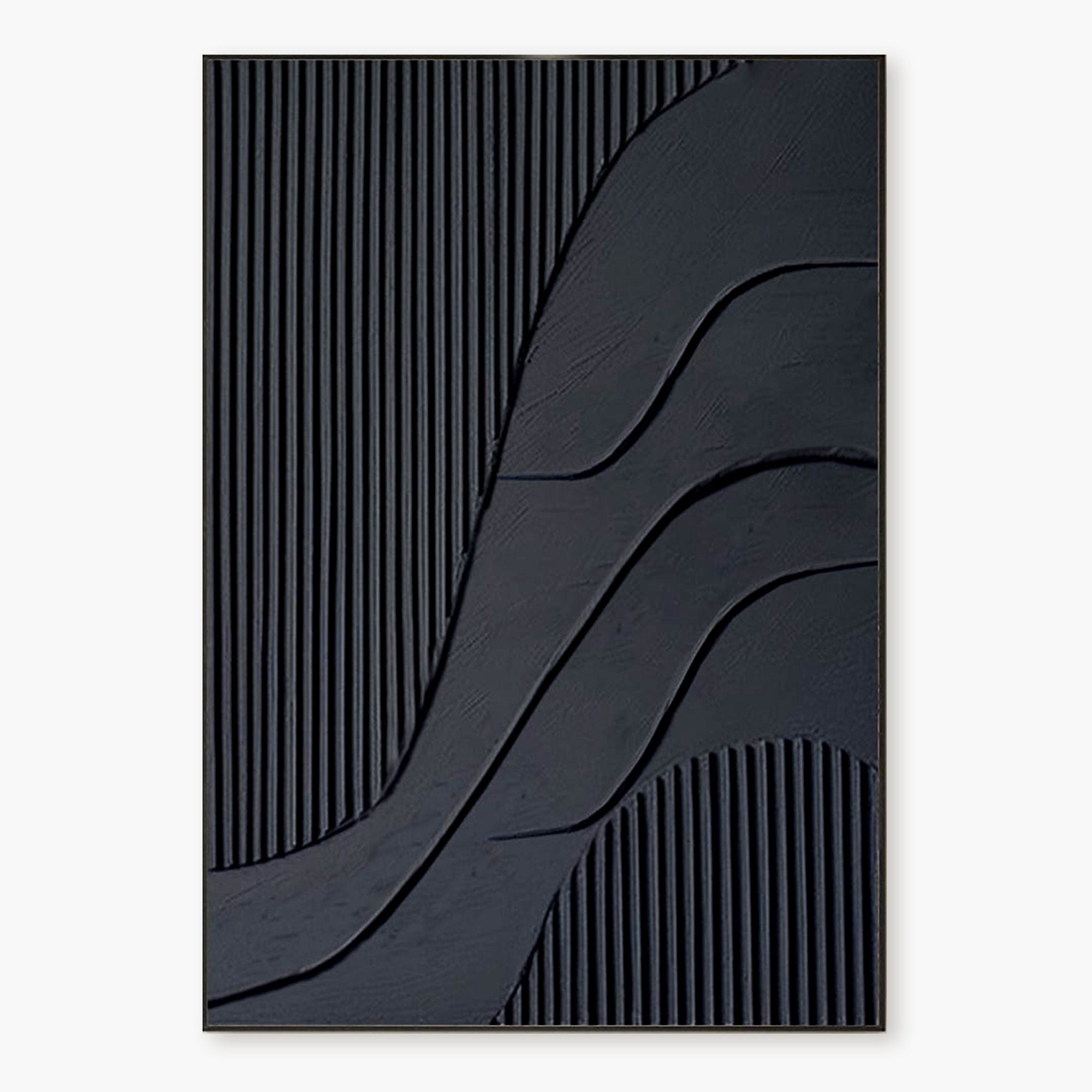 Minimalist black 3D textured canvas art featuring geometric lines and flowing curves.