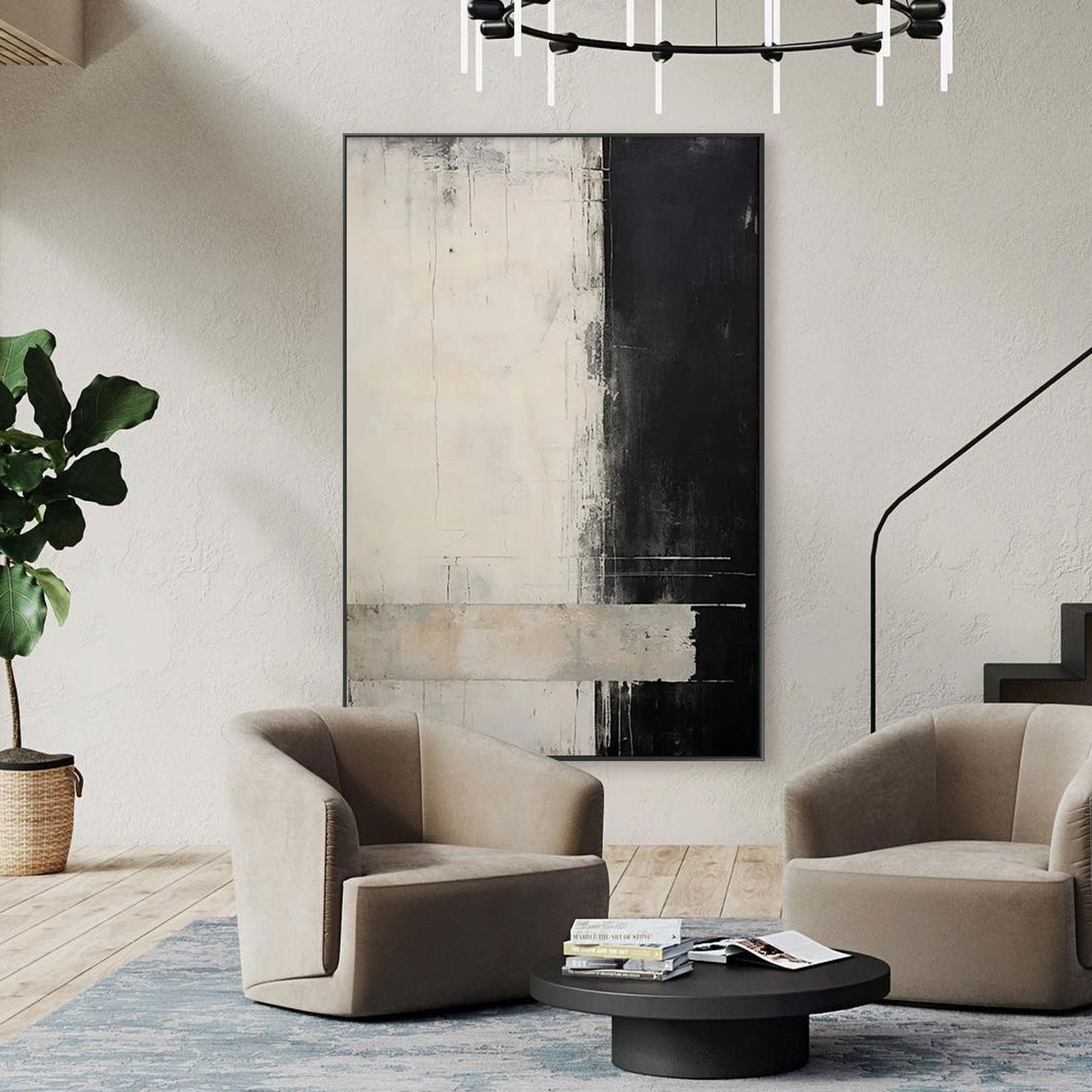 Hand-painted Dividere art displayed in a modern living room setting. 