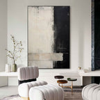 Hand-painted minimalist black and white wall art features a vertical geometric composition