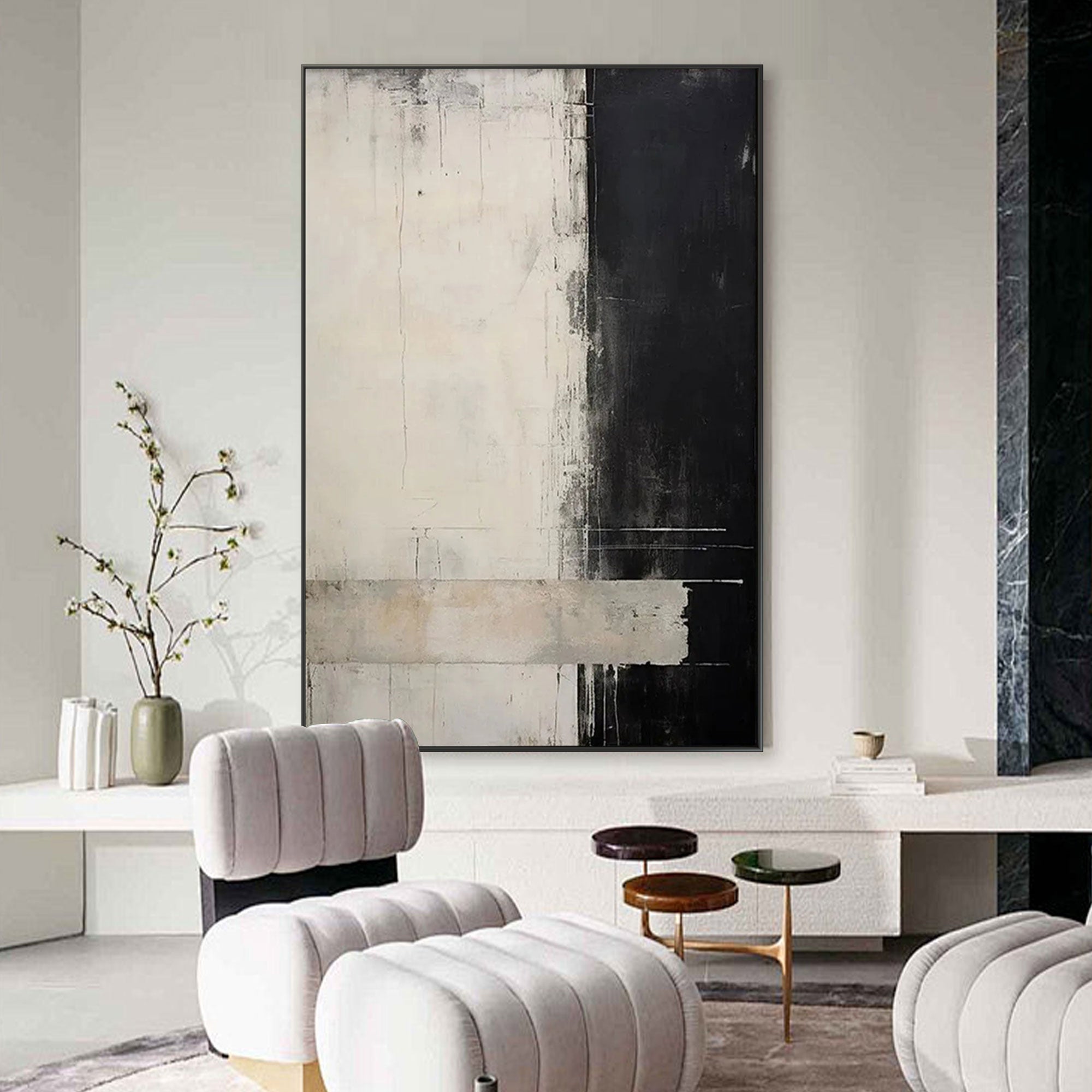 Hand-painted minimalist black and white wall art features a vertical geometric composition