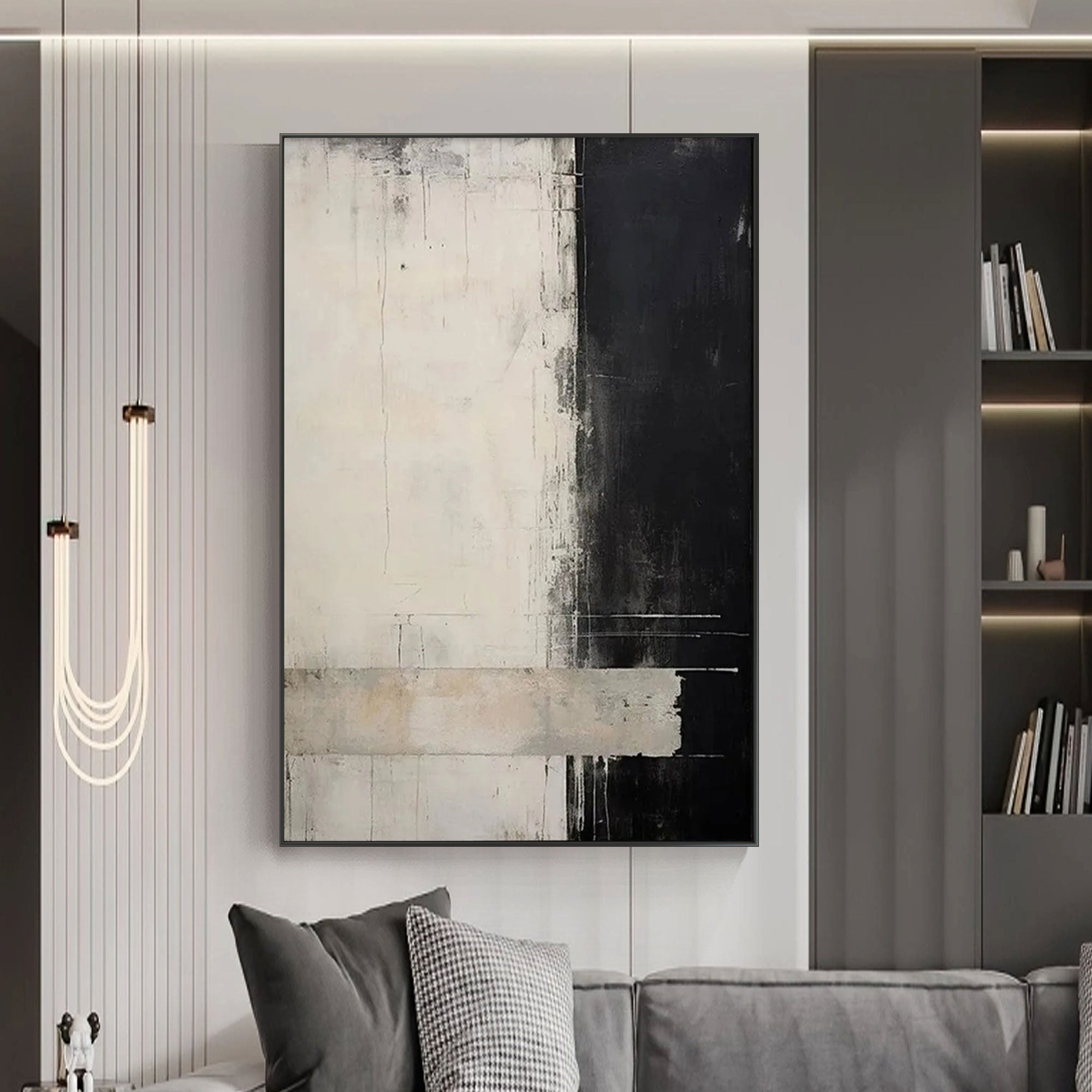 Square Dividere canvas art hanging above a gray sofa.