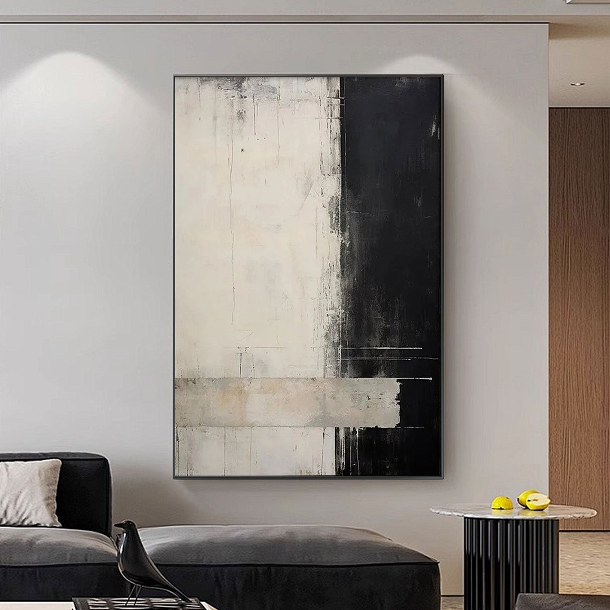Hand-painted minimalist black and white wall art features a vertical geometric composition