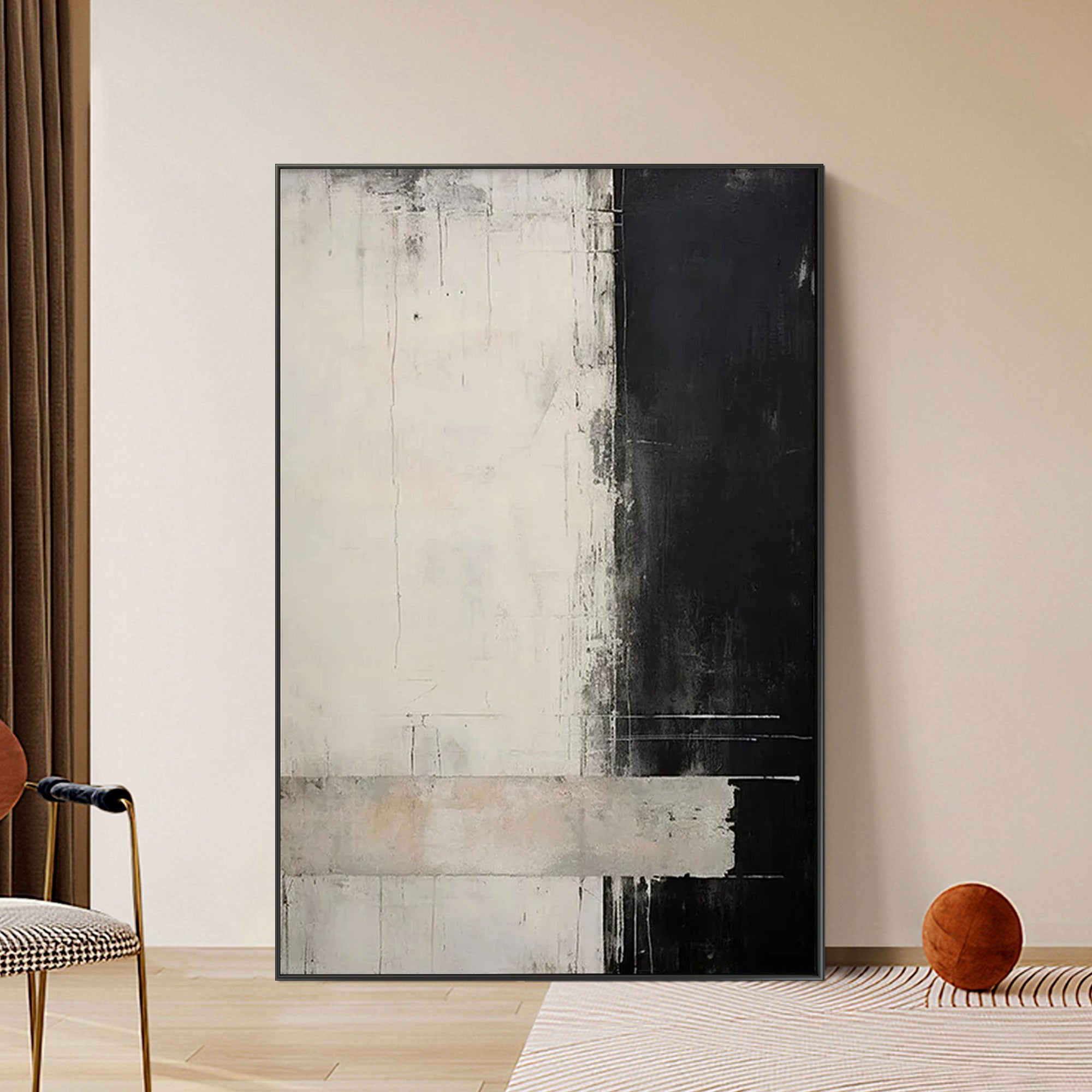 Hand-painted minimalist black and white wall art features a vertical geometric composition
