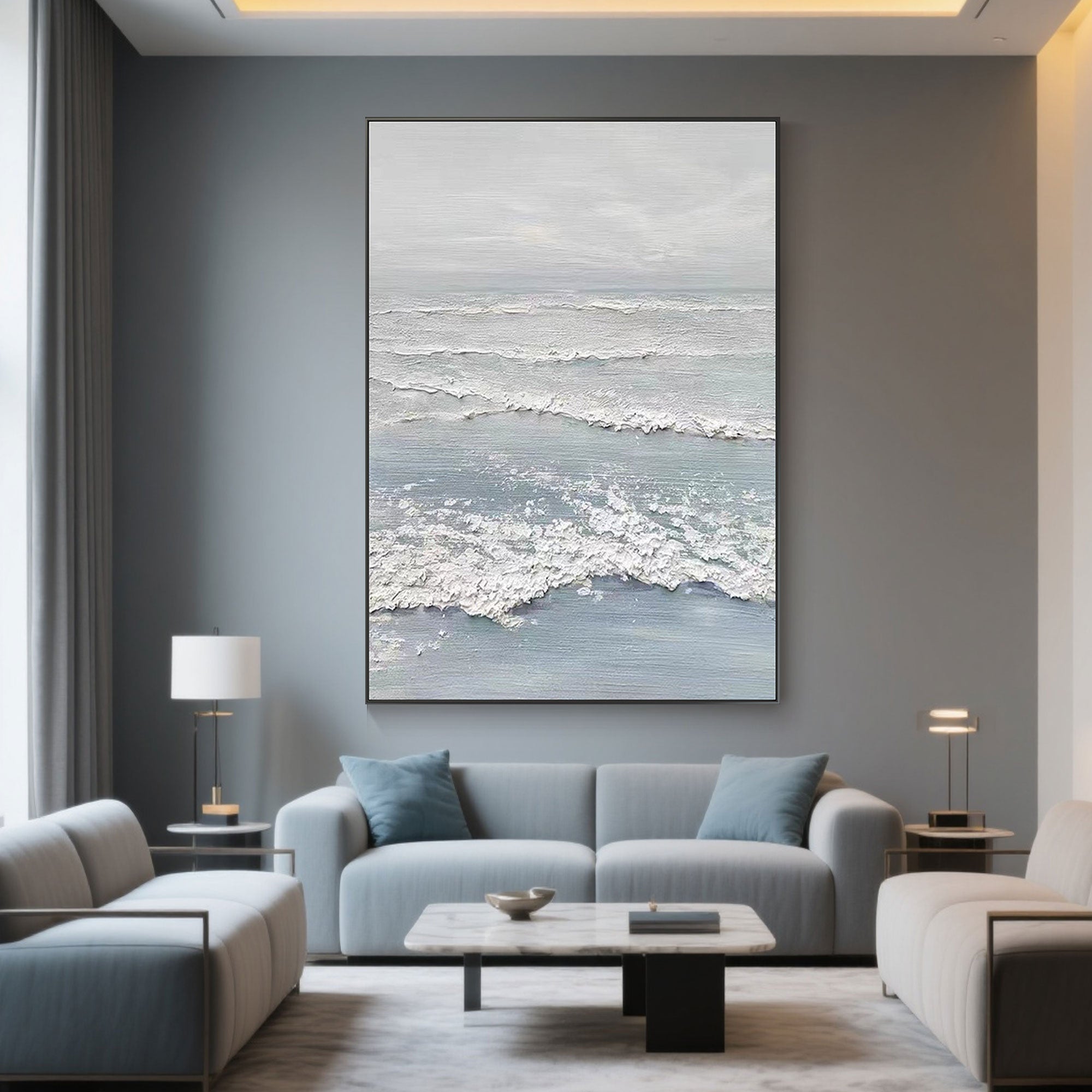 'Silver Tide' wall art in a bedroom, creating a serene coastal atmosphere.