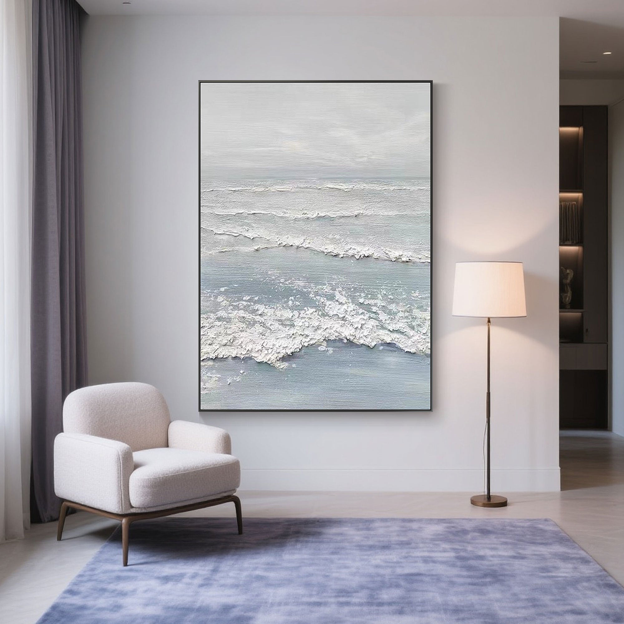 'Silver Tide' canvas art with a metal frame, showcasing eco-friendly acrylic paint.