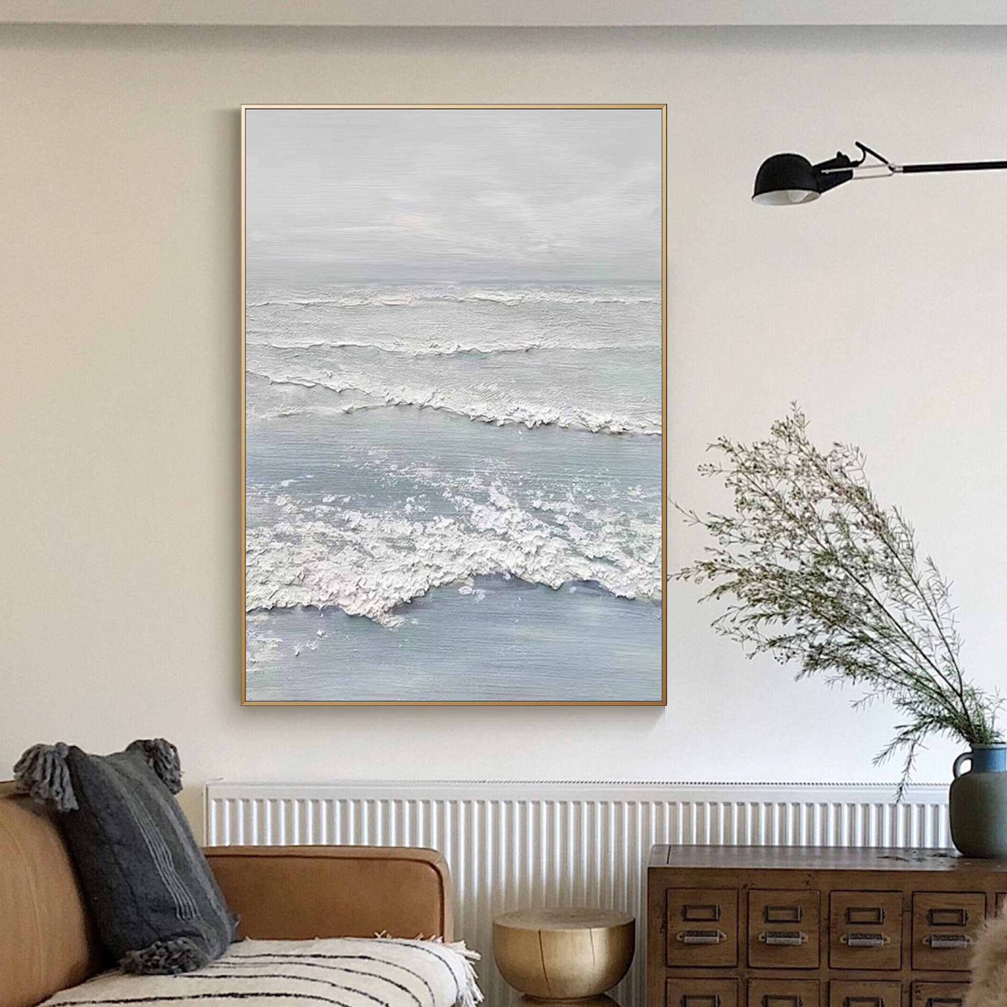 Close-up of textured white waves on the 'Silver Tide' canvas art.